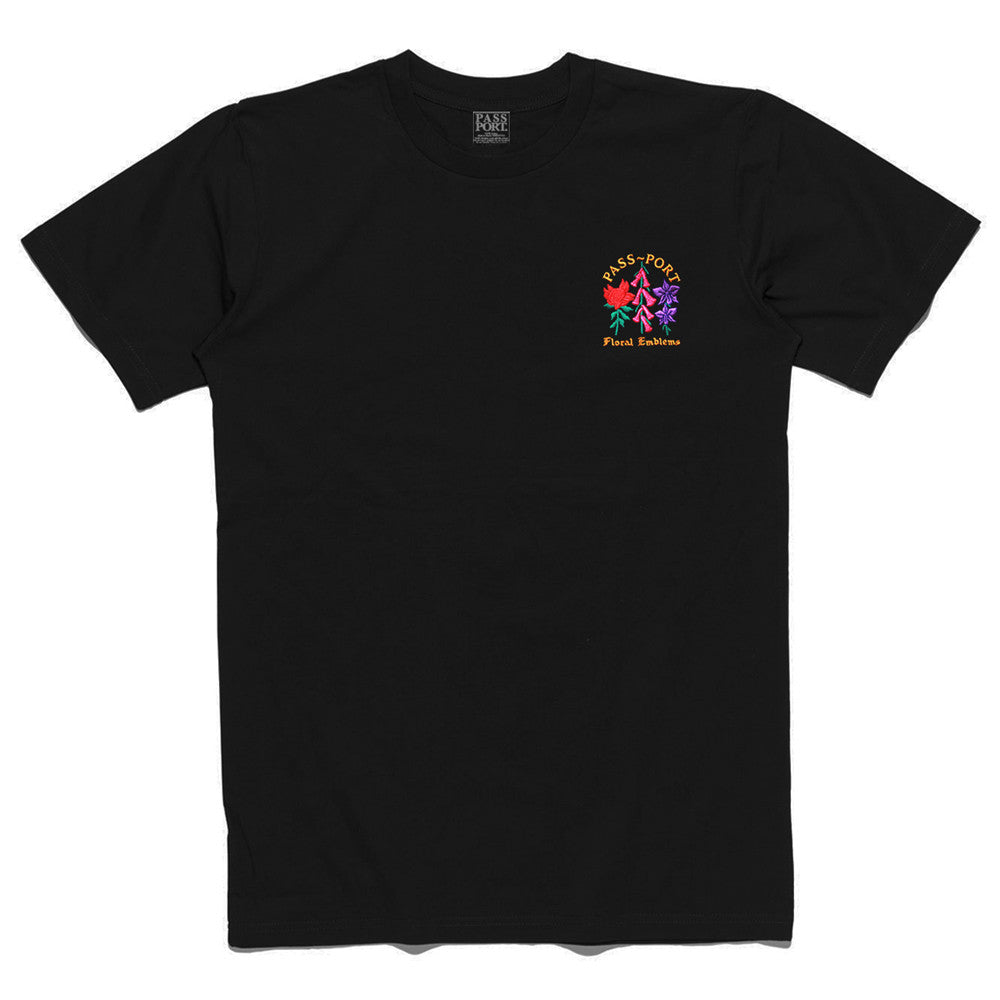 Passport Floral Emblem Embroidery T-shirt - Black
