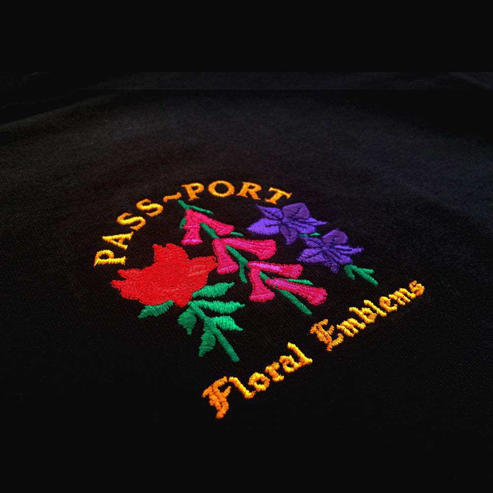 Passport Floral Emblem Embroidery T-shirt - Black